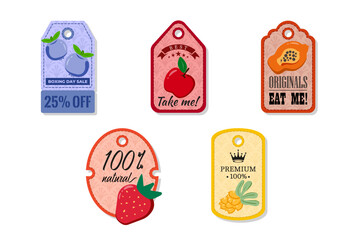 A tag with a hole at the top, elegant and creativity for labeling purposes juices, jams and different foods. Packaging tags with blueberry, apple, papaya, strawberry, seabuckthorn
