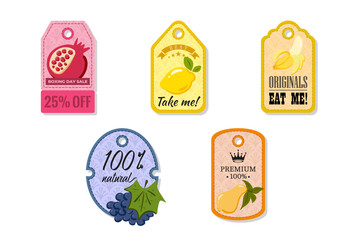 A tag with a hole at the top, elegant and creativity for labeling purposes juices, jams and different foods. Packaging tags with pomegranate, lemon, banana, grape, pear