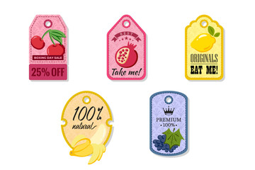 A tag with a hole at the top, elegant and creativity for labeling purposes juices, jams and different foods. Packaging tags with cherry, pomegranate, lemon, banana, grape