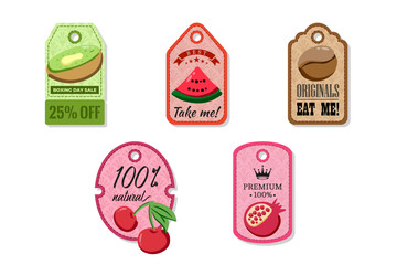 A tag with a hole at the top, elegant and creativity for labeling purposes juices, jams and different foods. Packaging tags with kiwi, watermelon, coffee, cherry, pomegranate