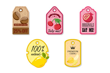 A tag with a hole at the top, elegant and creativity for labeling purposes juices, jams and different foods. Packaging tags with coffee, cherry, pomegranate, lemon, banana