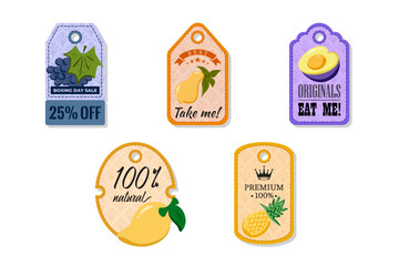A tag with a hole at the top, elegant and creativity for labeling purposes juices, jams and different foods. Packaging tags with grape, pear, plum, golden mango, pineapple