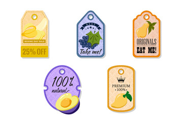 A tag with a hole at the top, elegant and creativity for labeling purposes juices, jams and different foods. Packaging tags with banana, grape, pear, plum, golden mango