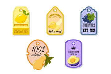 A tag with a hole at the top, elegant and creativity for labeling purposes juices, jams and different foods. Packaging tags with lemon, banana, grape, pear, plum