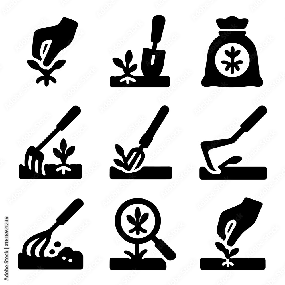 Poster manual weeding icons. solid, filled icon set of manual weeding techniques: pulling weeds, digging to