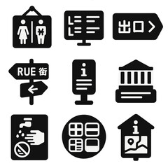 Multilingual Signage Icons. Solid, filled icons set of multilingual signage and symbols: restroom sign in