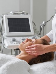 Beauty Technician Prepares Radiofrequency Machine for Facial Lift Treatment in a Modern Wellness Clinic