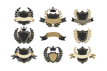 Laurel wreath , shield , wing , ribbon , and banners vector set . Laurel wreath s, shield s, wing s, ribbon s illustration for awards , heraldry , logos , badges , and branding designs