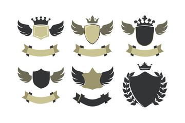 Laurel wreath , shield , wing , ribbon , and banners vector set . Laurel wreath s, shield s, wing s, ribbon s illustration for awards , heraldry , logos , badges , and branding designs