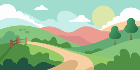 Obraz premium Vibrant cartoon summer landscape with green fields, rolling hills, and majestic mountains under a clear sky