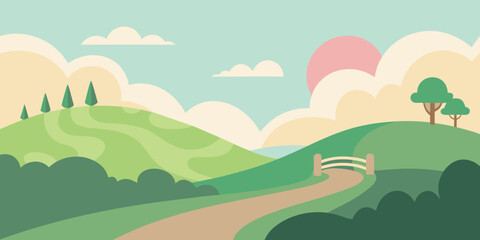 Obraz premium Vibrant summer landscape vector illustration with green mountains, trees, and clouds under a blue sky