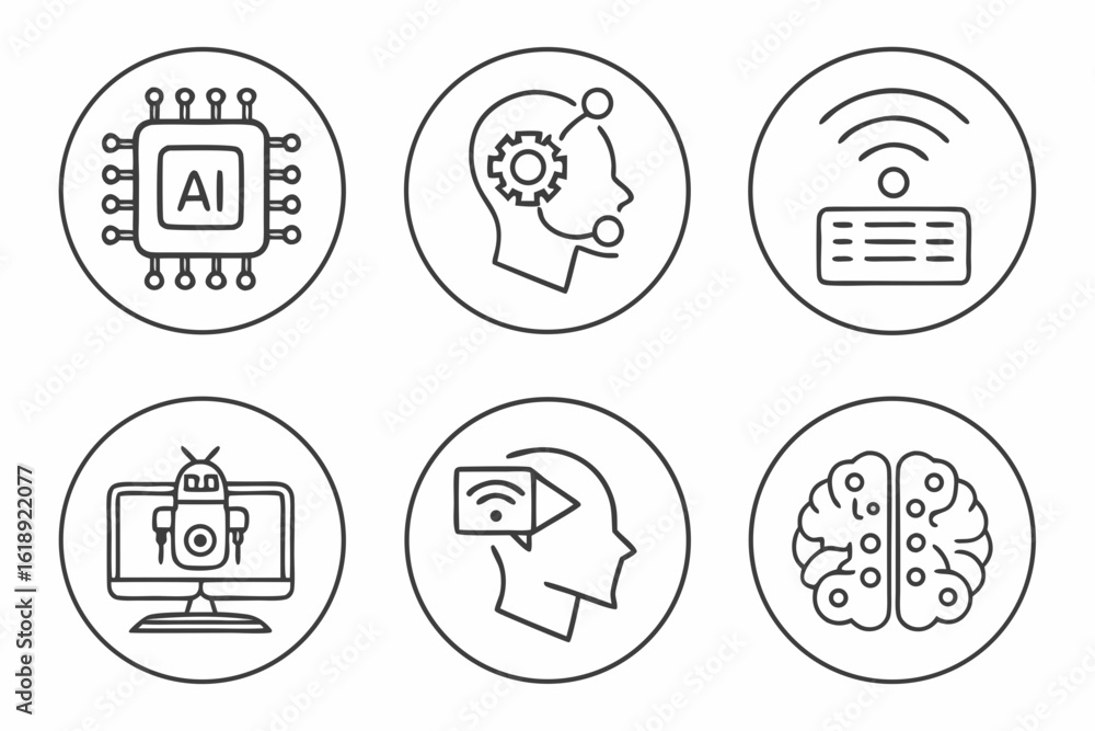 Aufkleber minimalist ai & tech interface icons – black line art vector set for smart ui design
