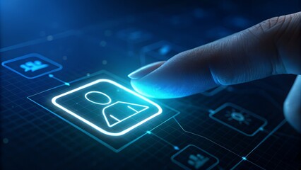 Finger touching glowing user profile icon on futuristic digital interface