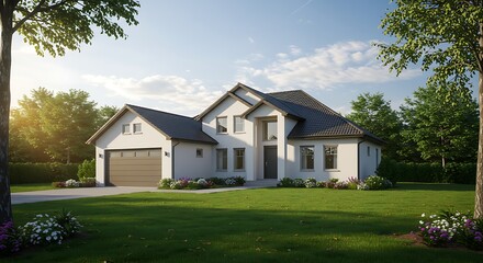 Luxurious brand new contemporary family home on a beautiful sunny summer's day home with unique design