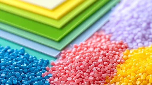 Colorful Plastic Masterbatch Granules and Sheets on Display