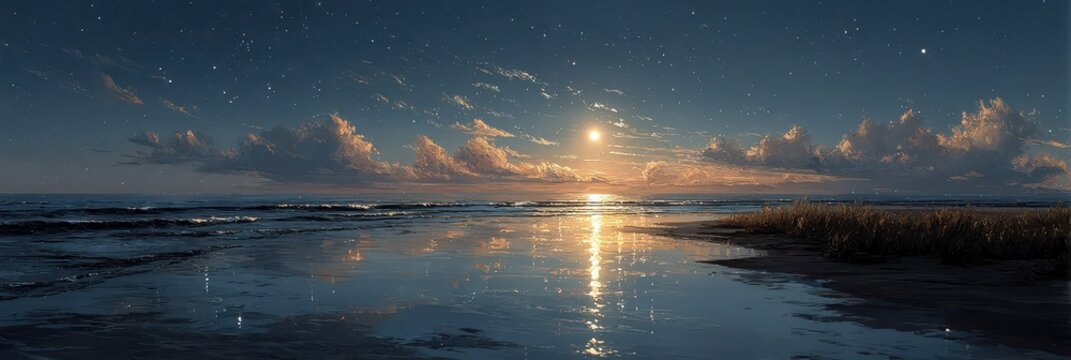Stunning full moon reflecting on calm ocean waters at twilight near the shoreline