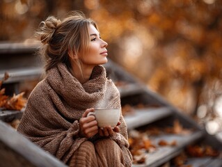 Woman in a warm blanket sweater holding a steaming cup of hot coffee or tea outdoors surrounded by autumn leaves. Cozy atmosphere. Drink morning