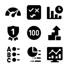 Quiz Analytics Icons. Solid, filled icons set of quiz scoring and analytics: score meter, answer accuracy icon
