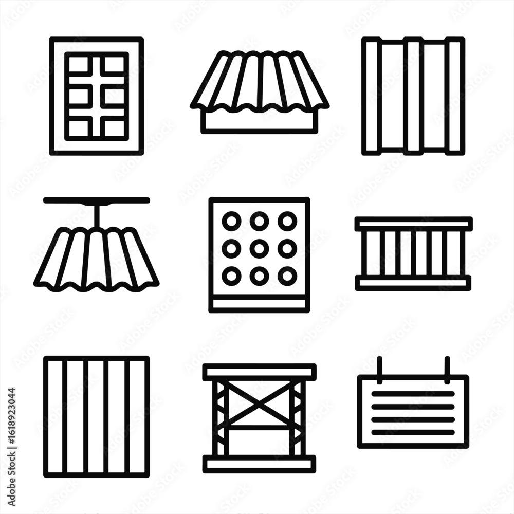 Poster metal cladding icon set. solid, filled icon set of metal cladding applications: building facade, roo