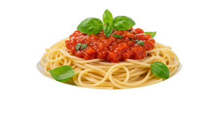 A plate of spaghetti topped with tomato sauce and fresh basil on a black background studio shot on transparent background