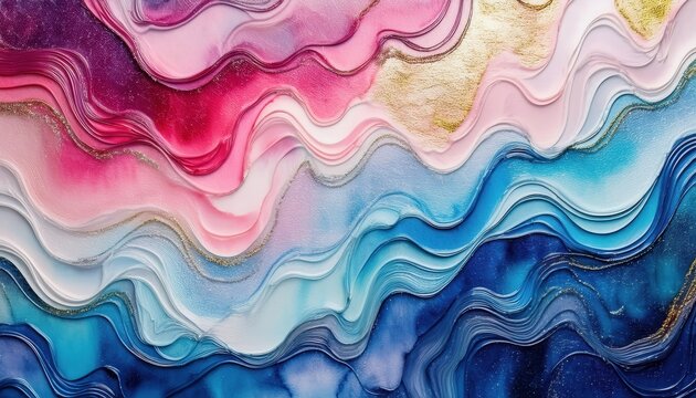 vibrant layered abstract painting with fluid pink and blue waves and gold accents for modern wall art or print design

