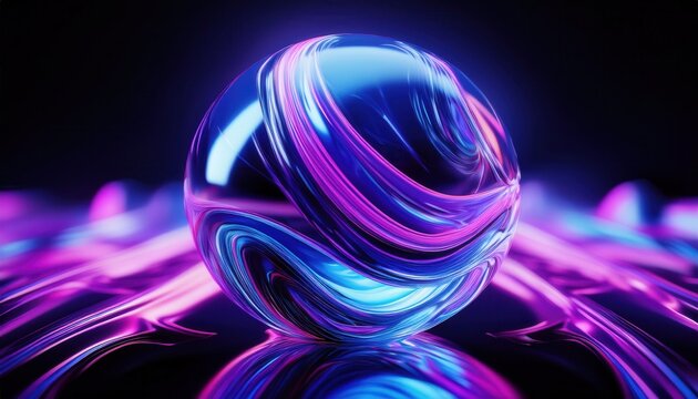 futuristic glass sphere with neon swirl reflections floating on glowing liquid surface for tech or digital art design

