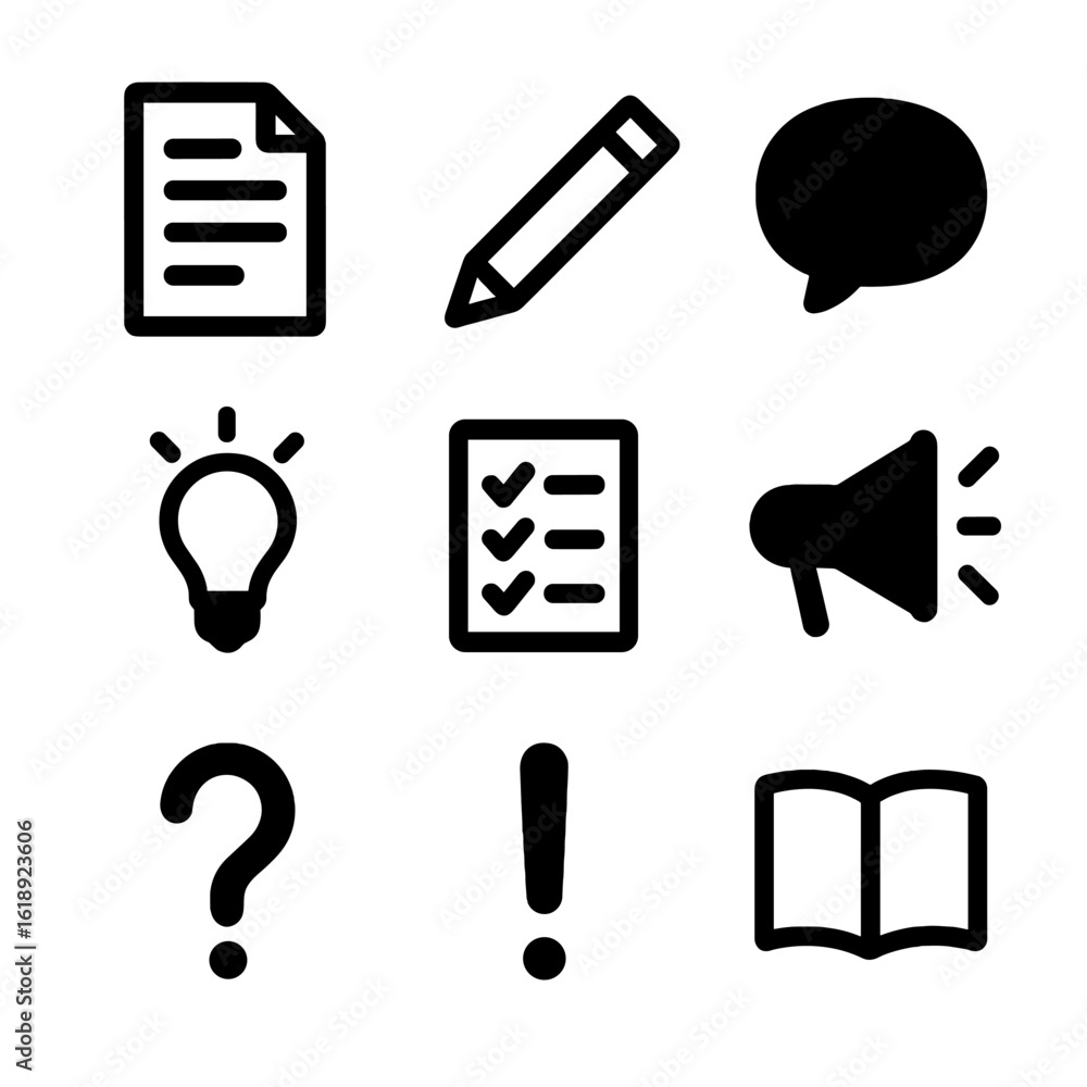 Poster minimal icon grid. solid, filled icon set of clear and simple language: document, pencil, speech bub