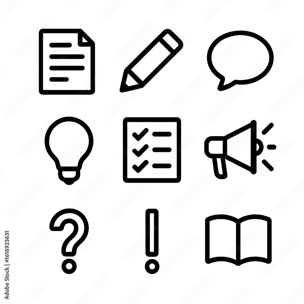 Poster minimal icon grid. solid, filled icon set of clear and simple language: document, pencil, speech bub