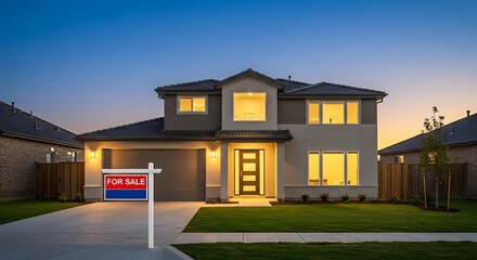 Spacious front view of new house for sale with blue sky during at sunrise.home for sale,rent,housing and real estate concept villa perfect for modern living