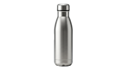 Isolated stainless steel water bottle with a silver cap on a black background in studio lighting on transparent background