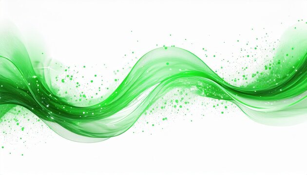 vibrant green wave ribbon on white background with floating particles for abstract nature or eco branding design


