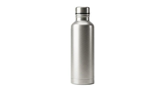 A single stainless steel water bottle with a silver cap against a dark background is displayed on transparent background