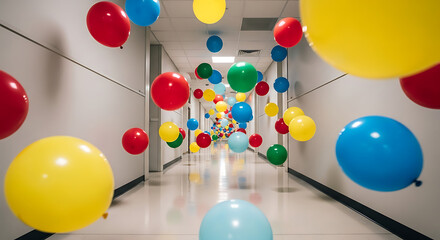 Hallway filled with colorful balloons floating in the air creating a festive atmosphere indoors back to school ai generated