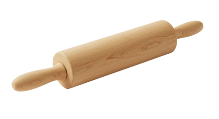 A wooden rolling pin with handles on a black background used for baking and cooking doughs on transparent background