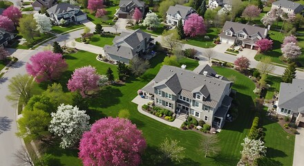 Houses in suburb with Spring Blossom in the north America. Luxury houses with nice white and pink coloured landscape.