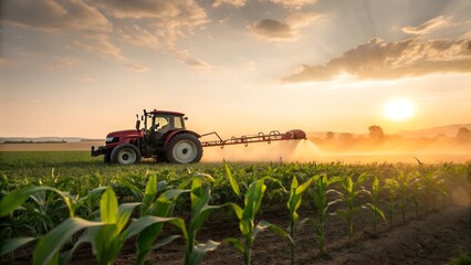 Red tractor spraying crops in a field at sunset with golden light
