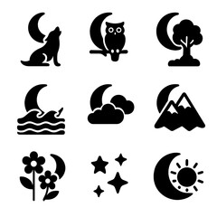 Moon Nature Icons. Solid, filled icon set of moon and nature symbolism: moon with wolf, moon with owl, moon with tree, moon with
