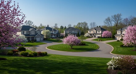 Contemporary houses in suburb with spring blossom in the north america. luxury houses with nice white and pink coloured landscape architecture with scenic surroundings