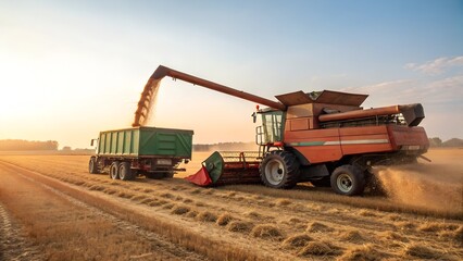 Obraz premium Combine harvester unloading grain into a trailer during harvest at sunset