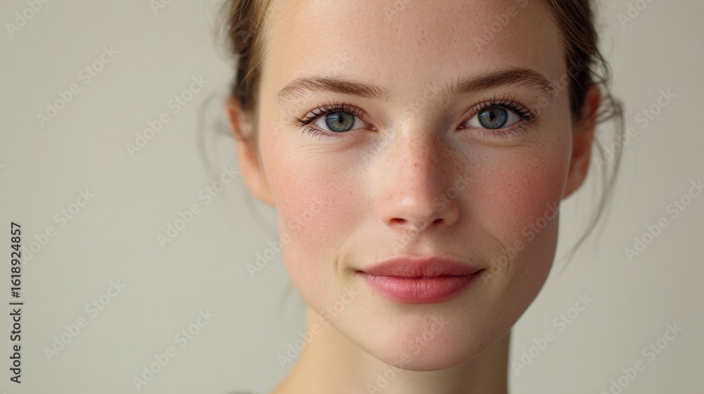 Poster calm expression with minimal makeup against a neutral background, featuring soft features and clear 