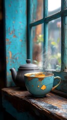 Tea cup cracked golden warm glow illustration