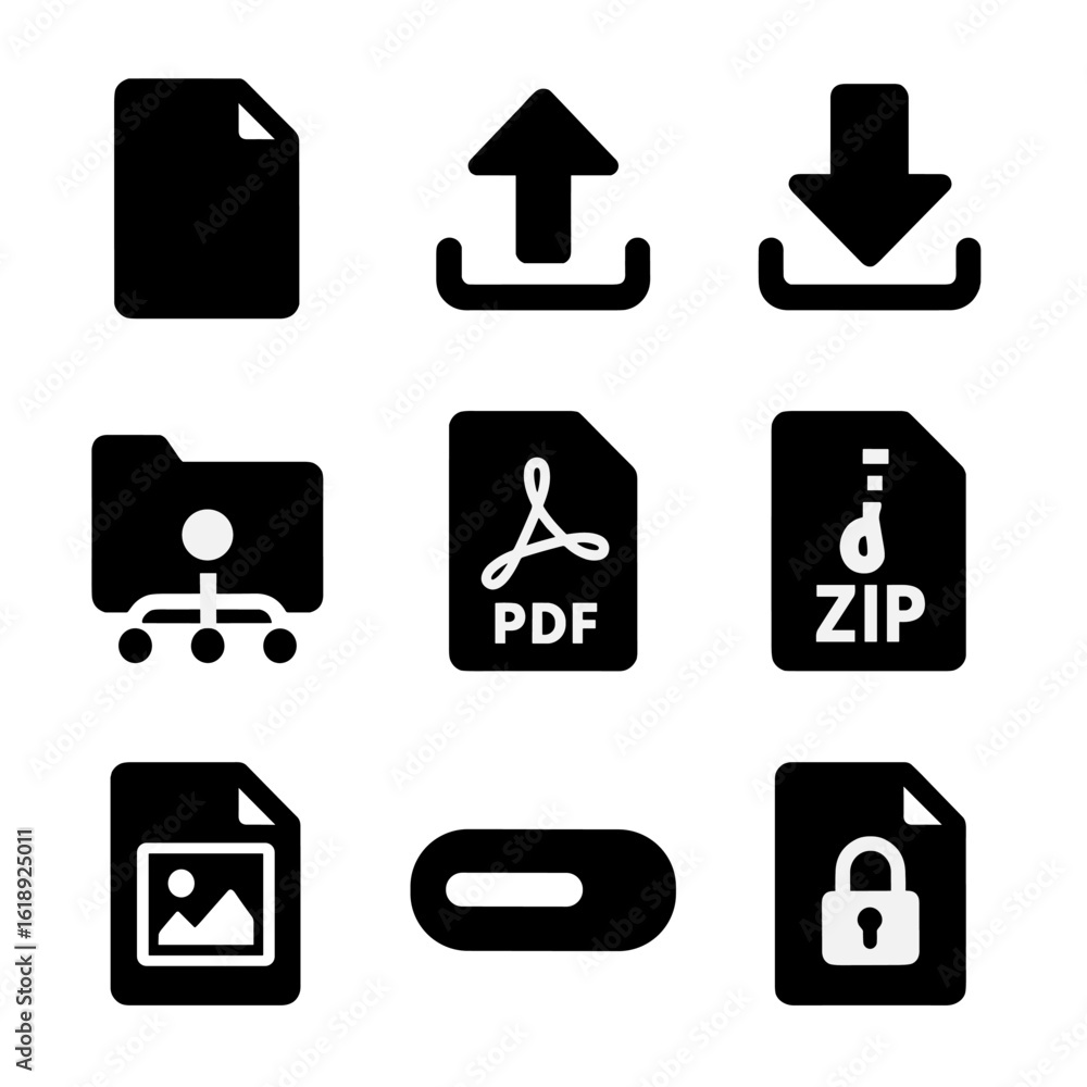 Aufkleber file sharing icons. solid, filled icons set of file sharing tools: document file, upload arrow, down
