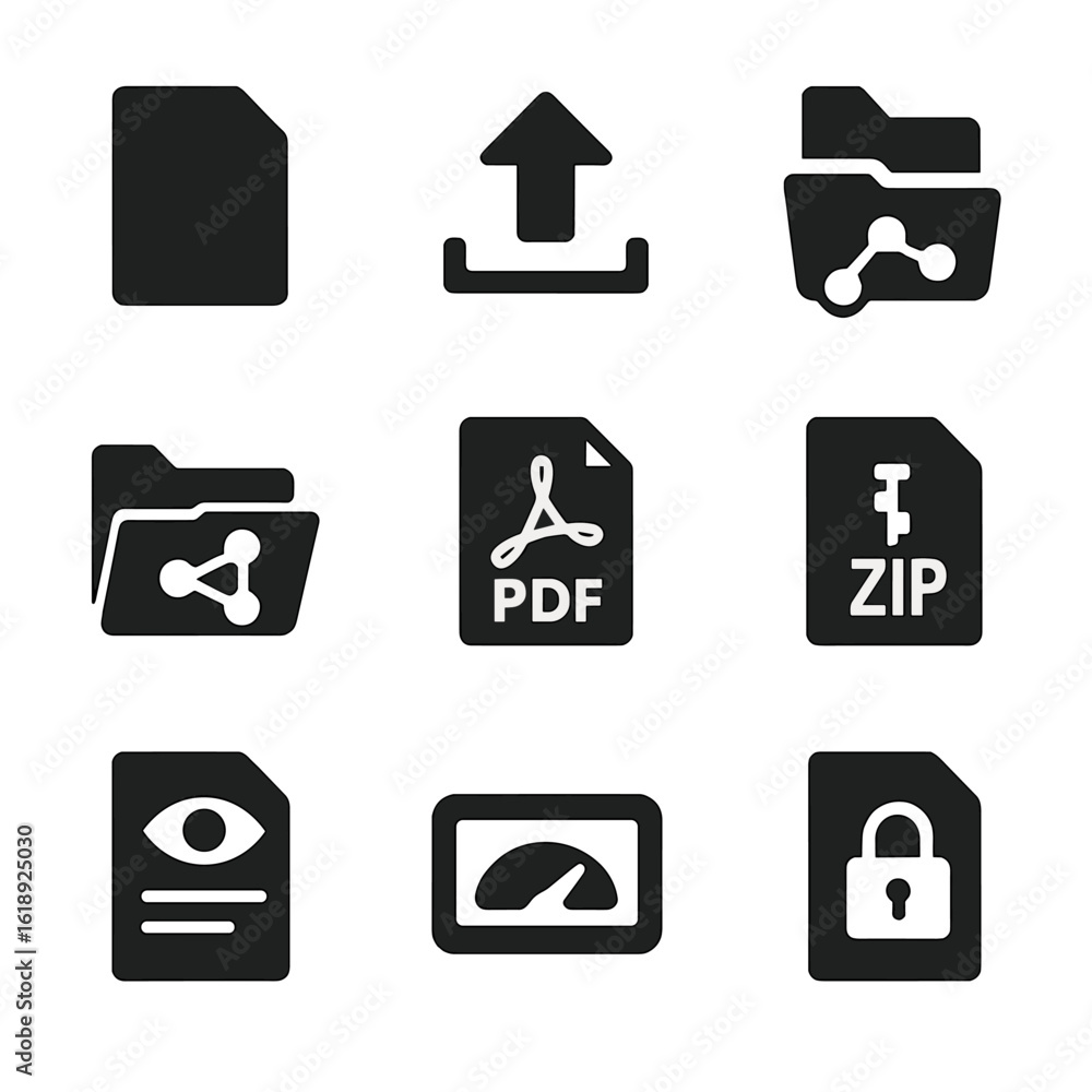 Poster file sharing icons. solid, filled icons set of file sharing tools: document file, upload arrow, down
