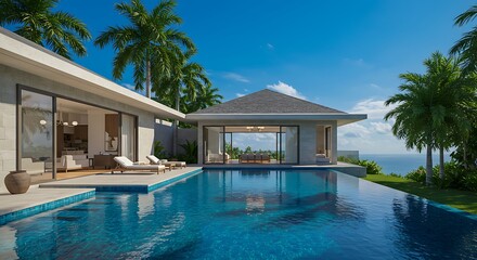 Spacious exterior of luxury holiday villa with blue sky and beautiful swimming pool residence featuring premium amenities