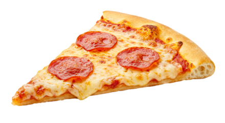A single slice of pepperoni pizza with melted cheese on a black background ready to be eaten on transparent background