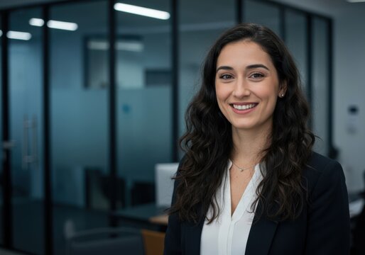 Smiling professional woman in business attire poses confidently in a modern corporate office environment