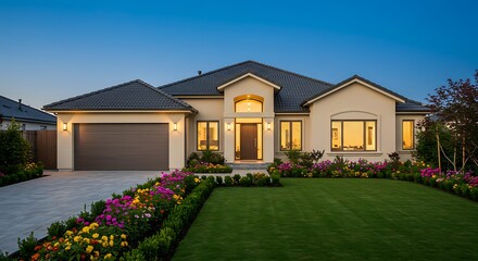 New house with modern design in residential, beautiful sunny exterior and blue sky