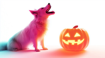 Dog Howling at Halloween Pumpkin in Bright Light