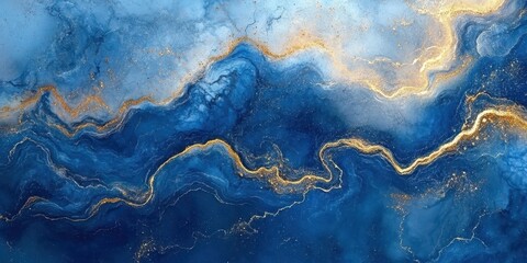 Abstract blue and gold wave pattern showcasing fluid textures and shimmering details in a captivating design