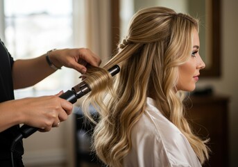 Fototapeta premium Professional hairstylist skillfully curls long blonde hair for a special occasion with a curling iron